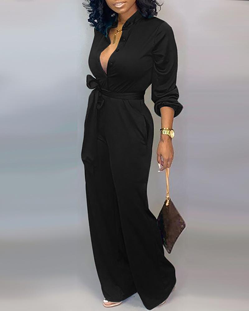 

Buttoned Pocket Design Casual Jumpsuit, Black