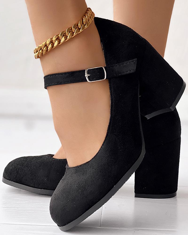 

Velvet Buckled Chunky Heel Pumps, Black