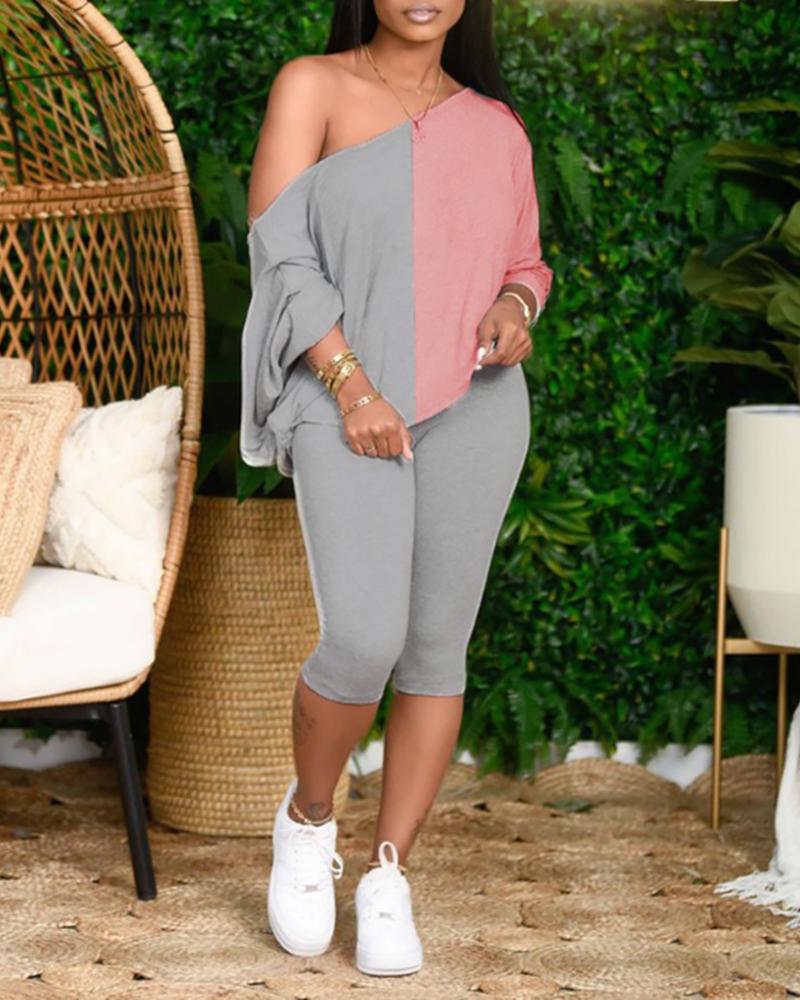 

Long Sleeve Colorblock Top & Drawstring Pants Set, Style3