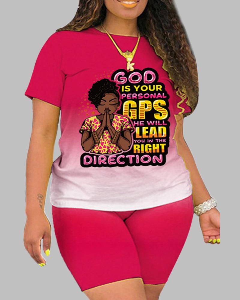 

Plus Size Letter Figure Print Ombre Top & Shorts Set, Hot pink