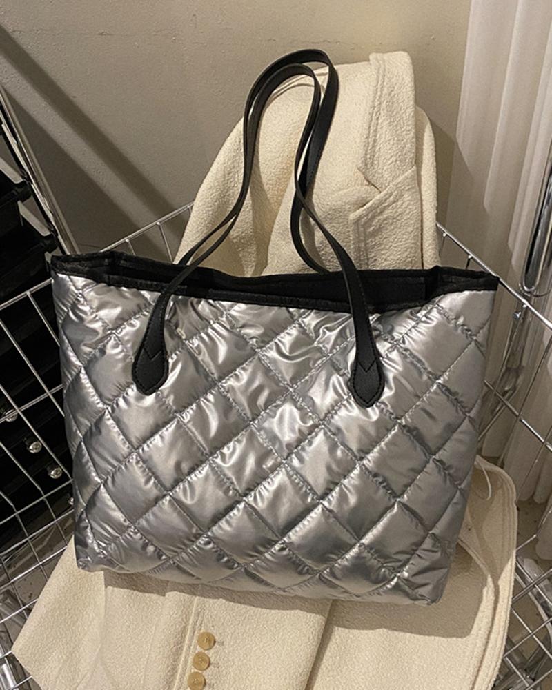 

Metallic Large Capacity Quilted Tote Bag, Silver