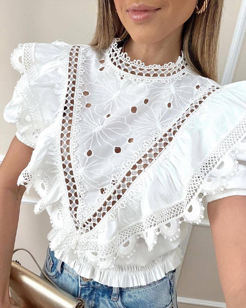 

Contrast Lace Ruffle Hem Shirred Top, White