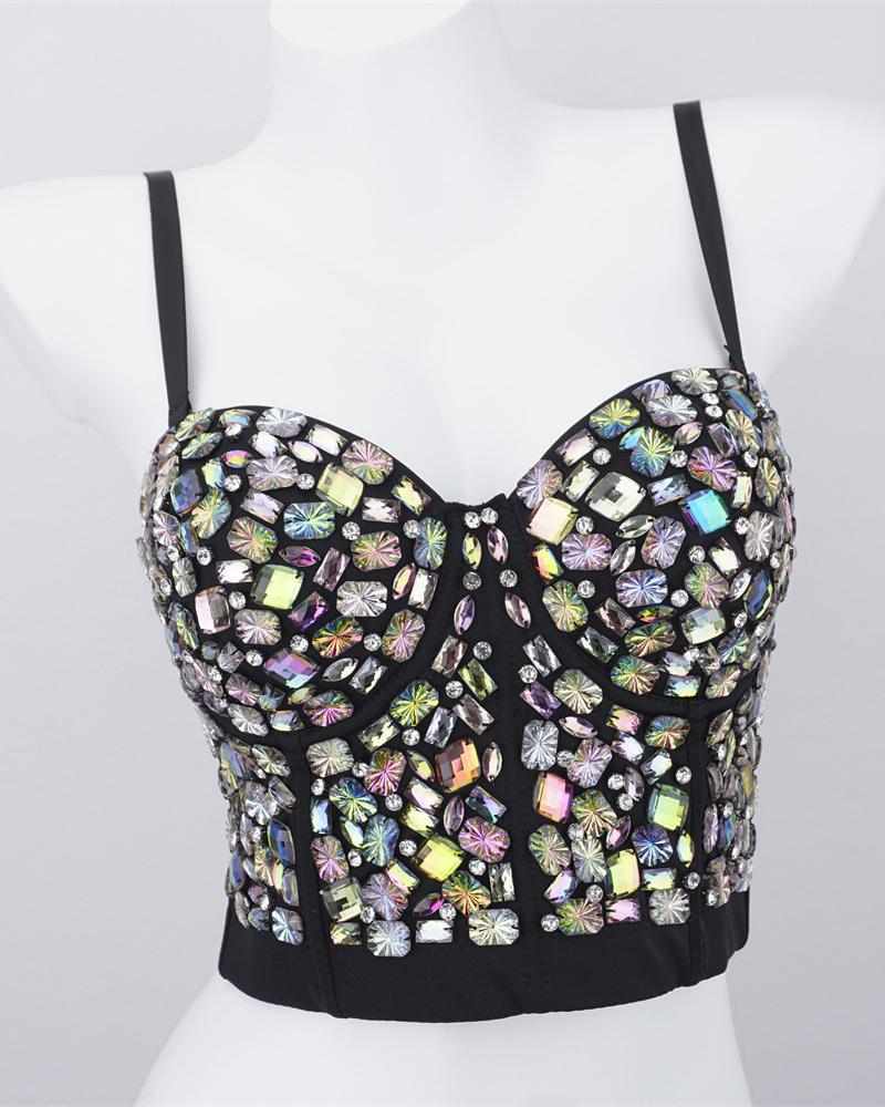 

Gem Stone Decor Buckle Back Crop Corset Top, Multicolor