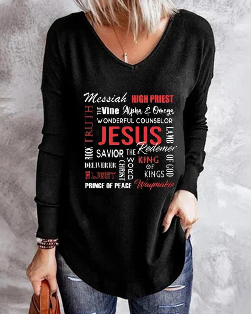 

V-Neck Letter Print Long Sleeve Top, Black