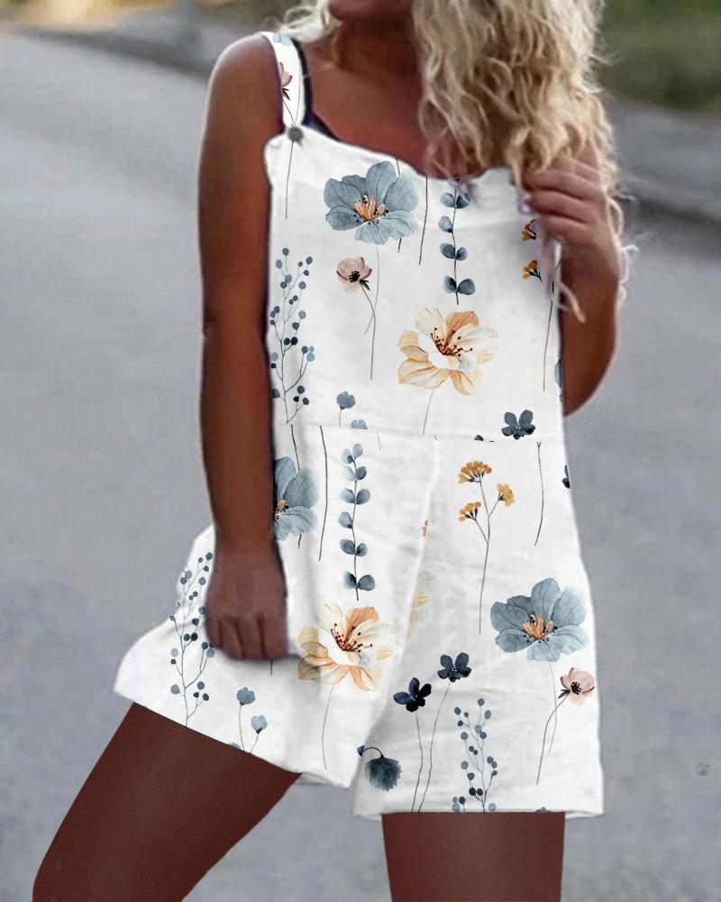 

Floral Print Casual Suspender Romper, White