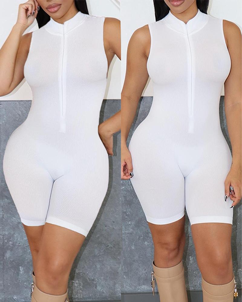 

Sleeveless Zip Front Skinny Romper, White