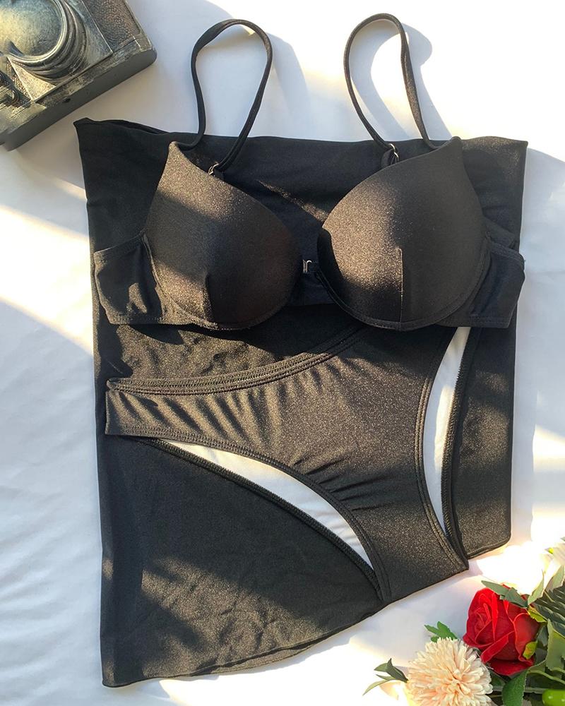 

Spaghetti Strap Tied Detail Bikini Set With Cover Up, Black