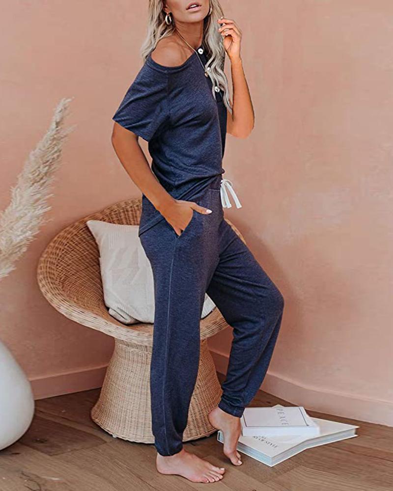 

Plain Round Neck Short Sleeve Top & Pants Set, Dark blue