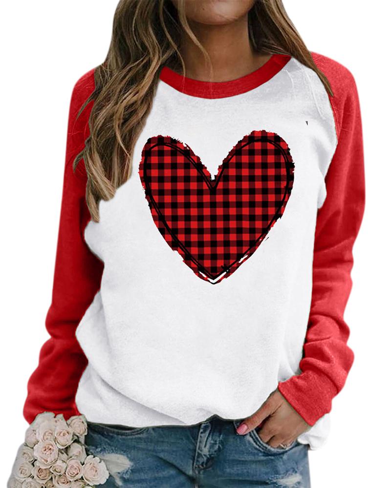 

Valentine' Day O-Neck Plaid Heart Print Colorblock Sweatshirt, Red