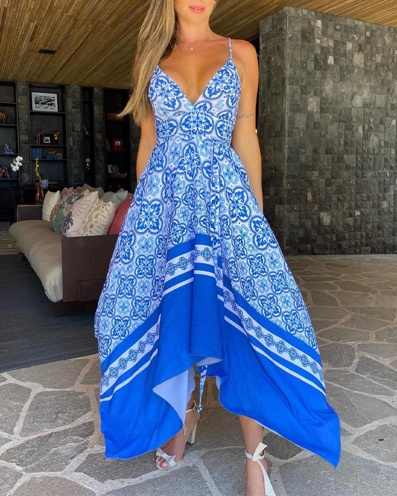 

Baroque Print Asymmetrical Cami Dress, Blue
