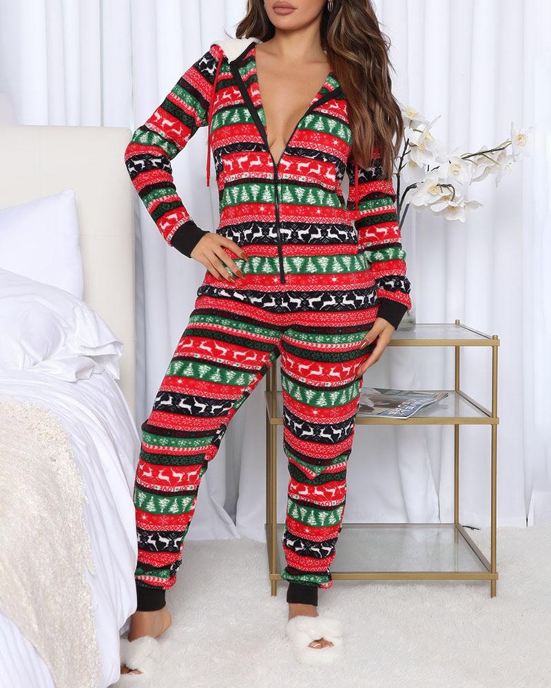 

Christmas Drawstring Graphic Print Zipper Hooded Lounge Jumpsuit, Red