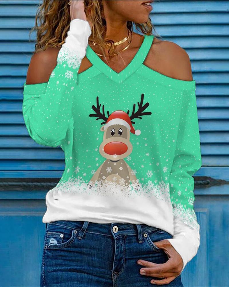 

Christmas Cold Shoulder Snowflake Elk Print Top, Light green