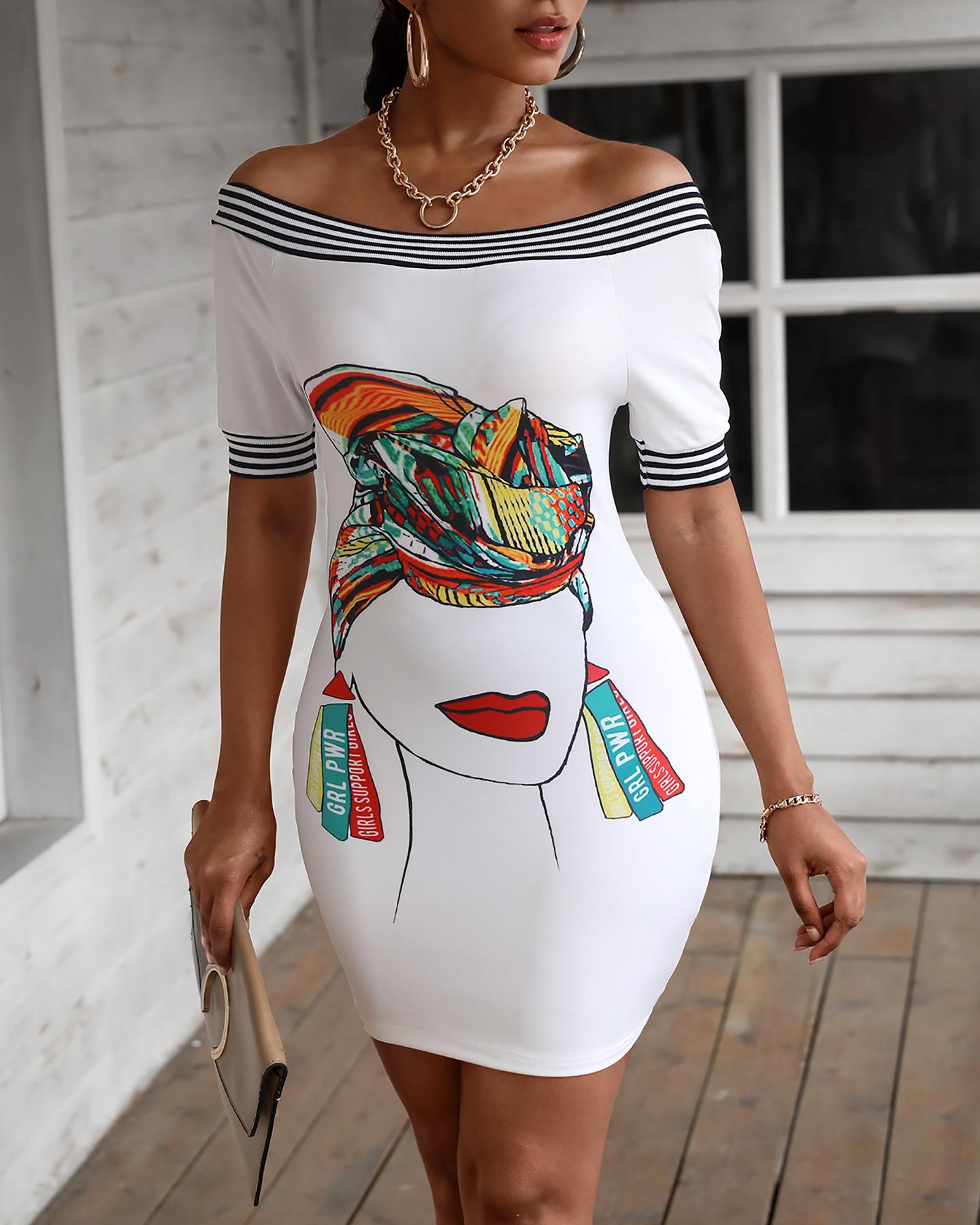 

Figure Print Off Shoulder Bodycon Dress, White