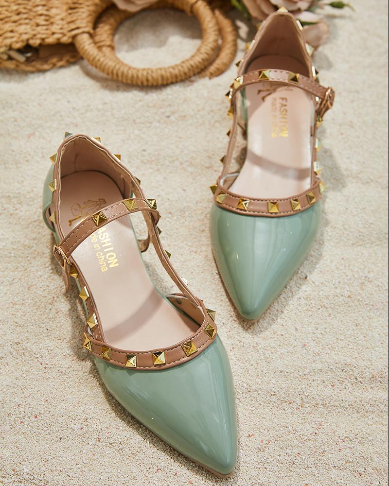 

Studded Pointed Toe Slip On Mules, Green