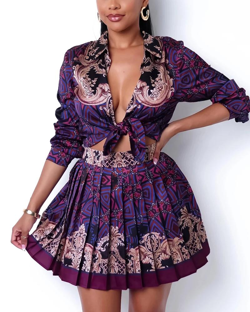 

Baroque Geometric Print Knotted Top & Pleated Skirt Set, Purple