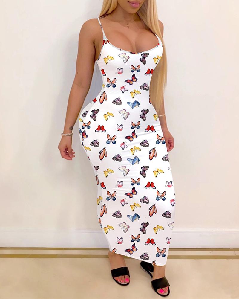 

Butterfly Print Spaghetti Strap Maxi Dress, White