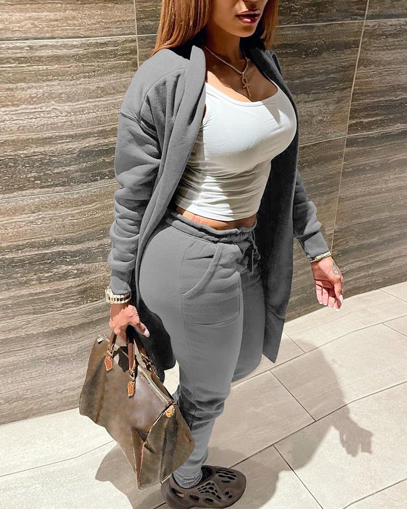 

Long Sleeve Open Front Coat & Drawstring Pants Set, Gray
