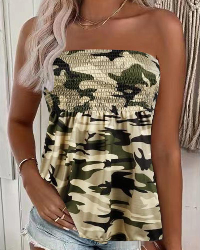 

Camouflage Print Shirred Tank Top, Army green