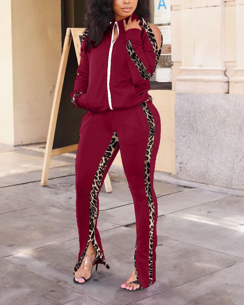 

Leopard Patch Long Sleeve Zip Up Top & Split Hem Pants Set, Red