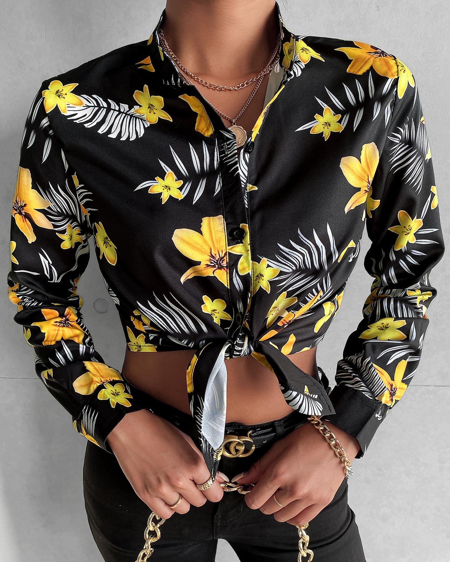 

Floral Print Tie Front Casual Top, Black