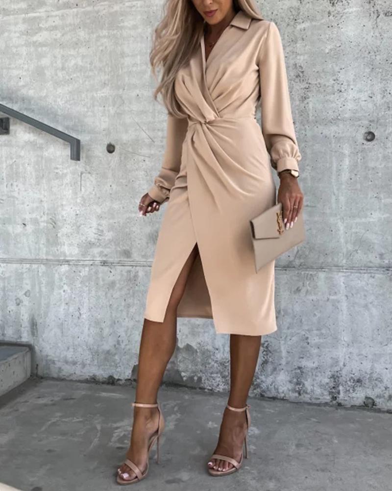 

Long Sleeve Ruched Wrap Shirt Dress, Apricot