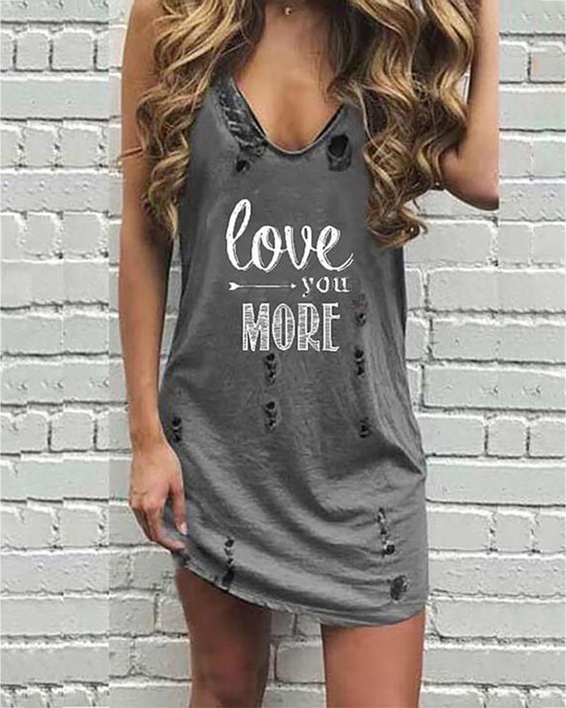 

V-neck Letter Print Hollow Out Casual Dress, Gray