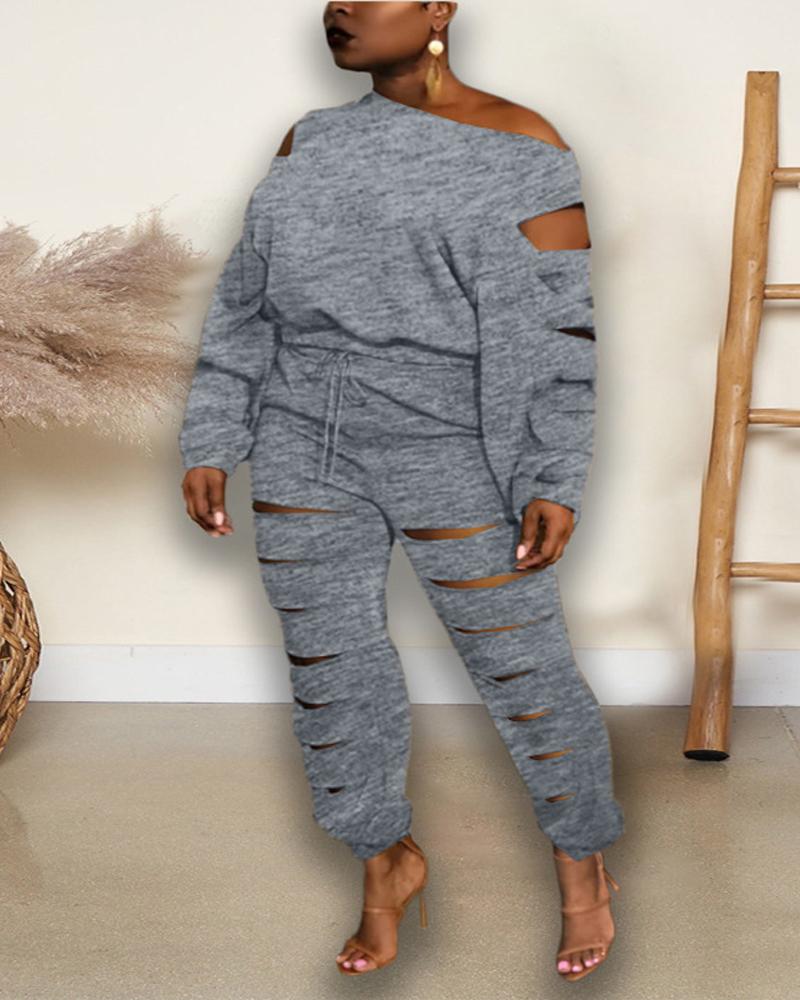 

Plus Size Ladder Cutout Cold Shoulder Top & Pants Set, Gray