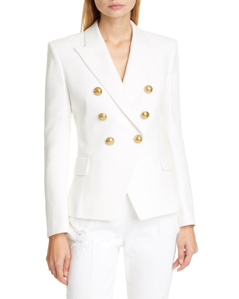 

Houndstooth Print Buttoned Blazer Coat, White