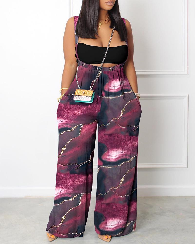

Marble Print Wide Leg Suspender Jumpsuit, Purple