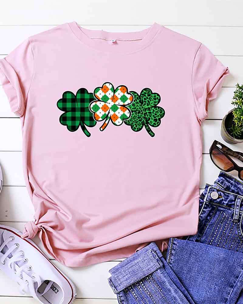 

Clover Print Short Sleeve Casual T-shirt, Pink