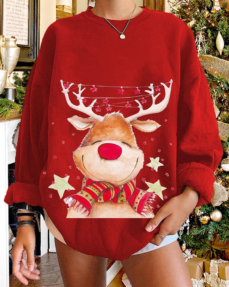 

Christmas Long Sleeve Elk Star Print Sweatshirt, Red