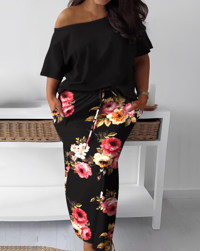 Plus Size Skew Neck T-shirt & Contrast Floral Print Skirt Set