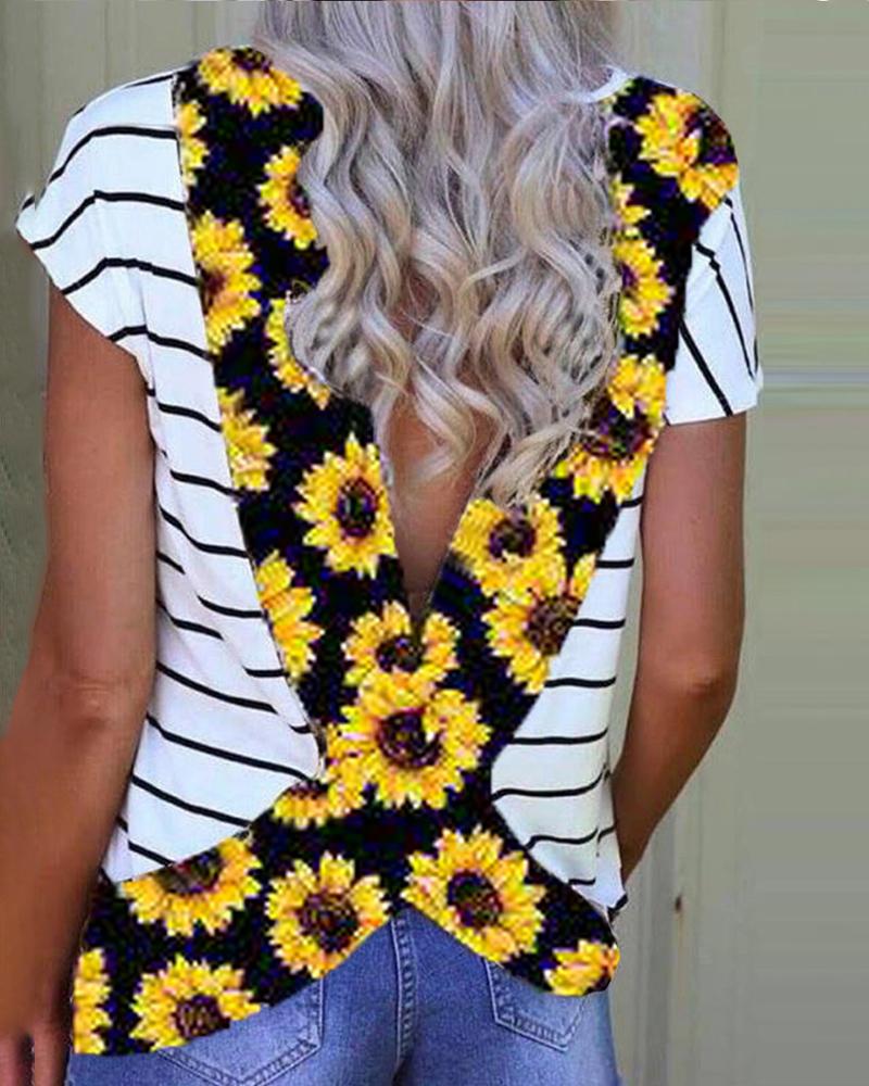 

Print Striped Backless Casual T-shirt, Yellow