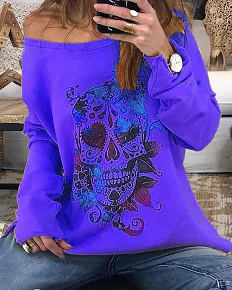 

Skull Floral Print Long Sleeve Casual Sweatshirt, Purple