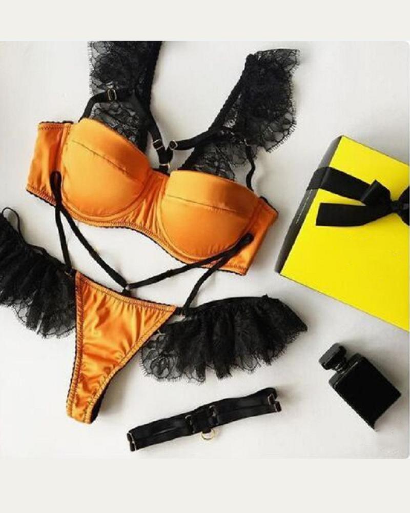 

Lace Hem Patchwork Bra Sets, Orange