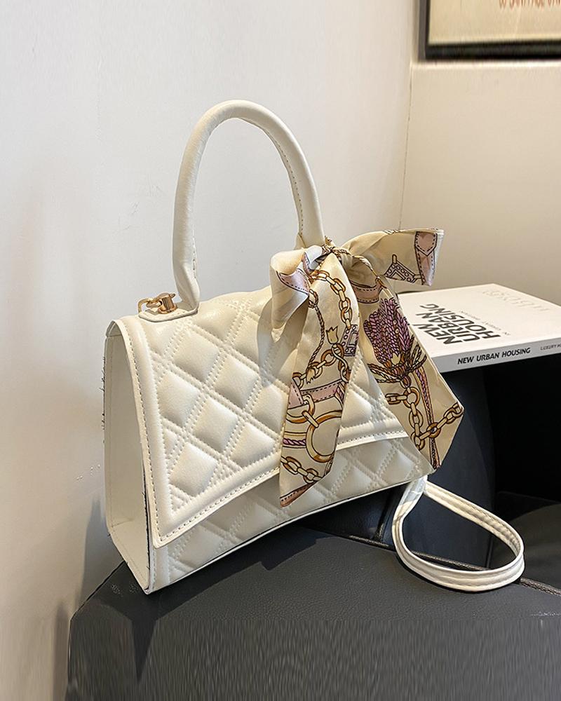 

Quilted Scarf Decor Flap Satchel Bag, White