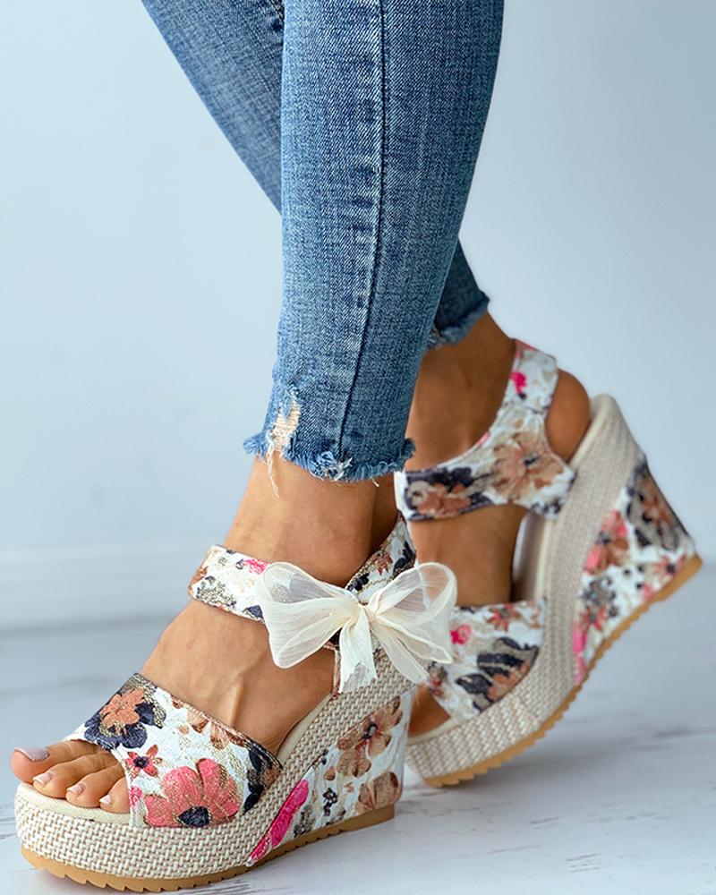 

Floral Pattern Bowknot Decor Espadrille Wedge Sandals, Beige