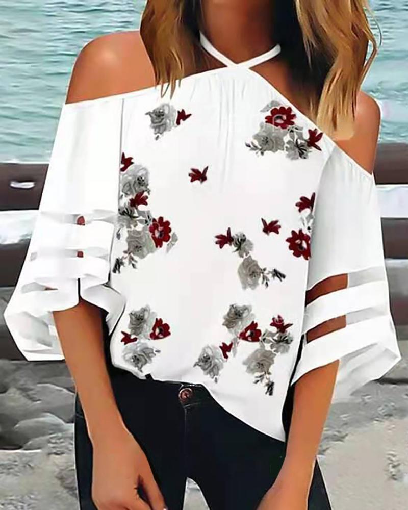 

Cold Shoulder Floral Print Sheer Mesh Top, White