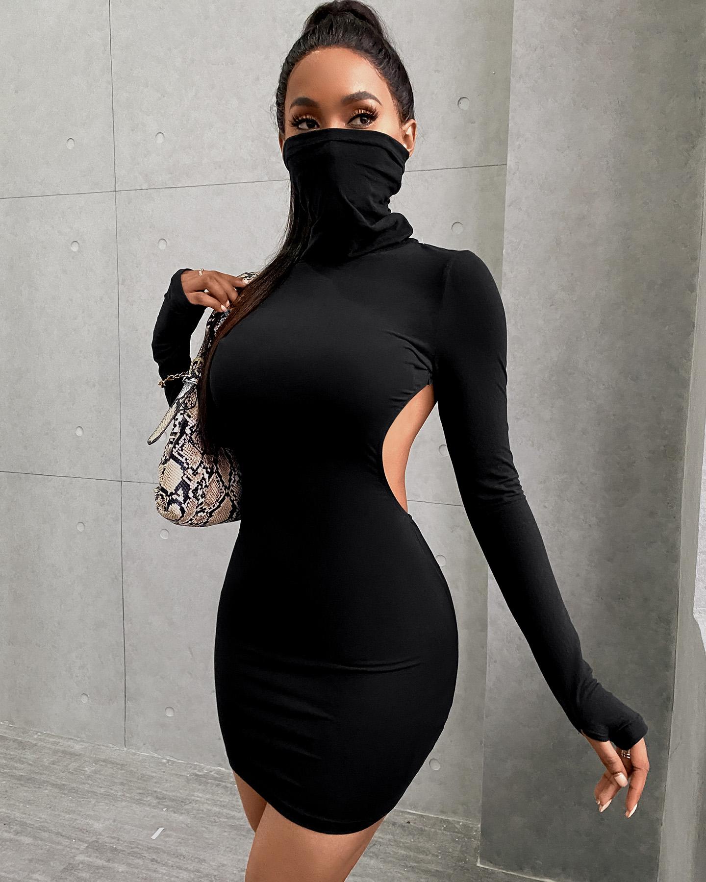 

Cutout Long Sleeve High Neck Bodycon Dress, Black