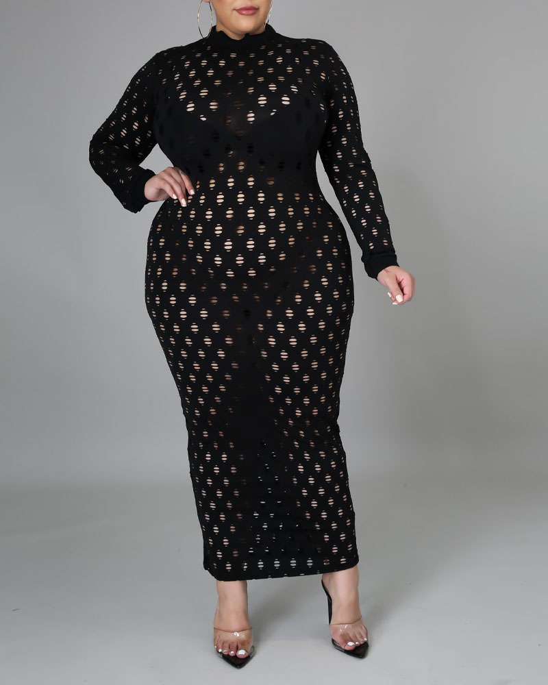 

Plus Size Long Sleeve Hollow Out Bodycon Dress, Black