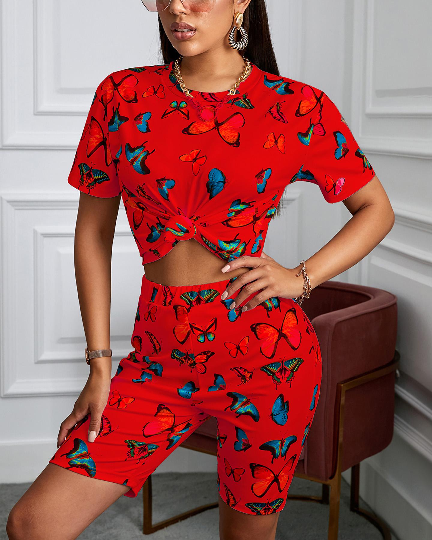 

Short Sleeve Butterfly Printed Women Top & Short Sets, Red