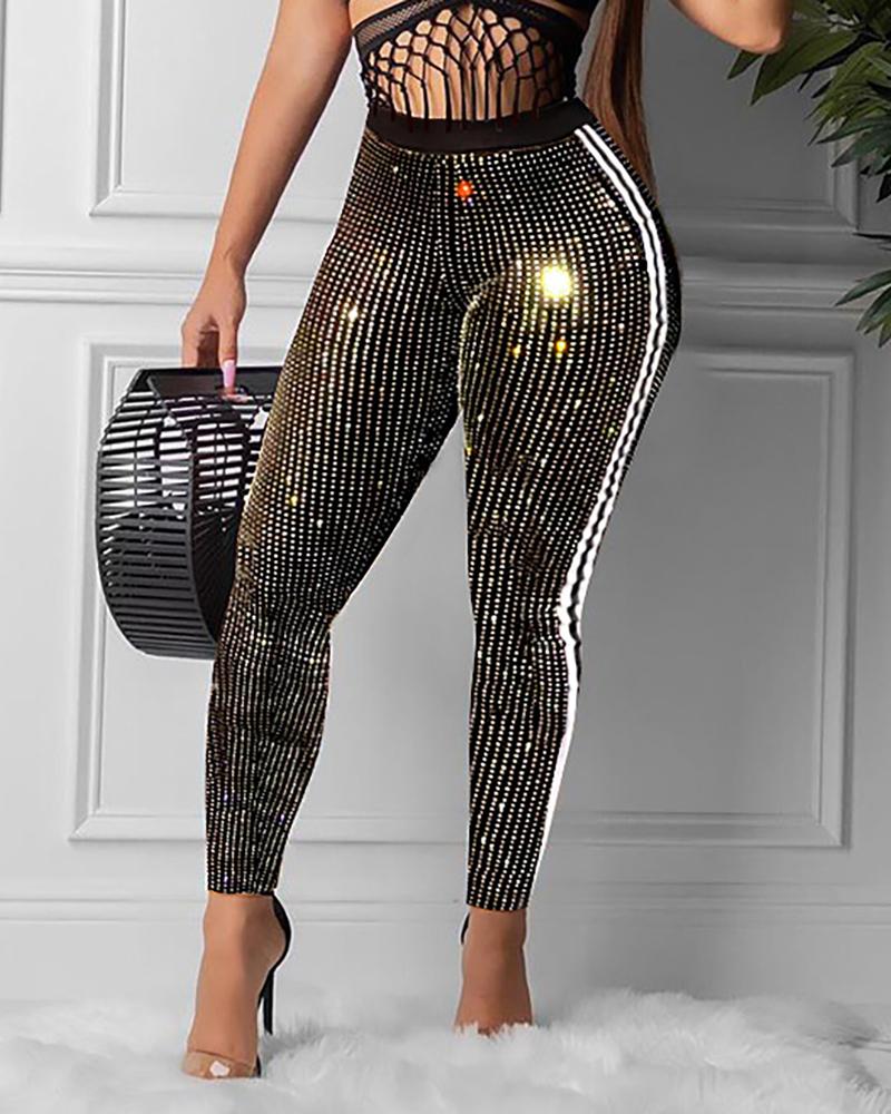 

Striped Tape Sequins High Waist Pants, Black