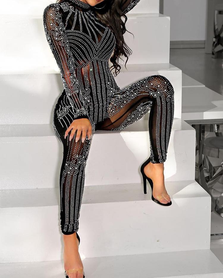 

Glittering Embellished Mesh Skinny Jumpsuit, Black