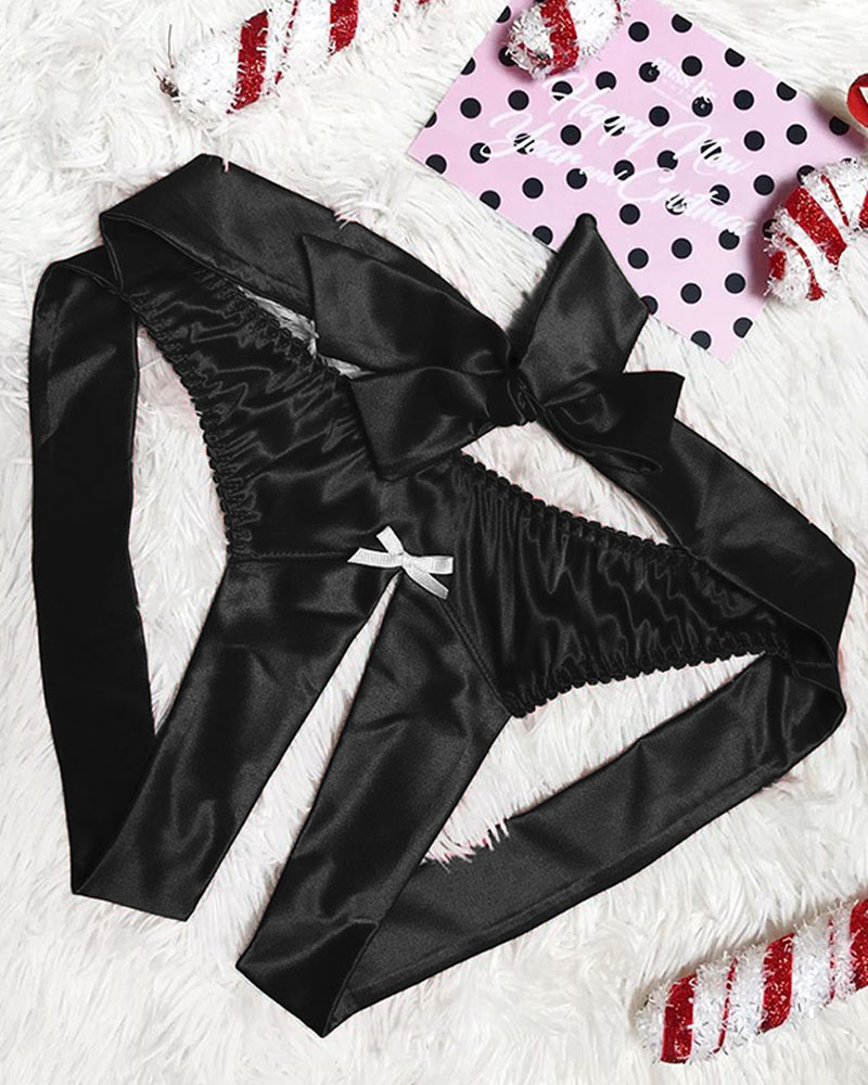 

Satin Bowknot Cutout Panty, Black