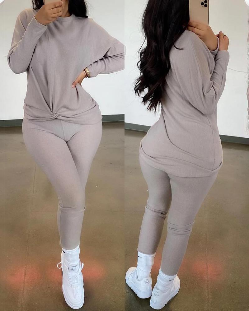 

O-Neck Long Sleeve Twisted Top & Pants Set, Gray