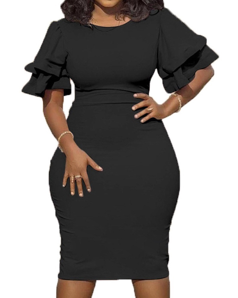 

Flutter Sleeve Ruffles Work Dress, Black