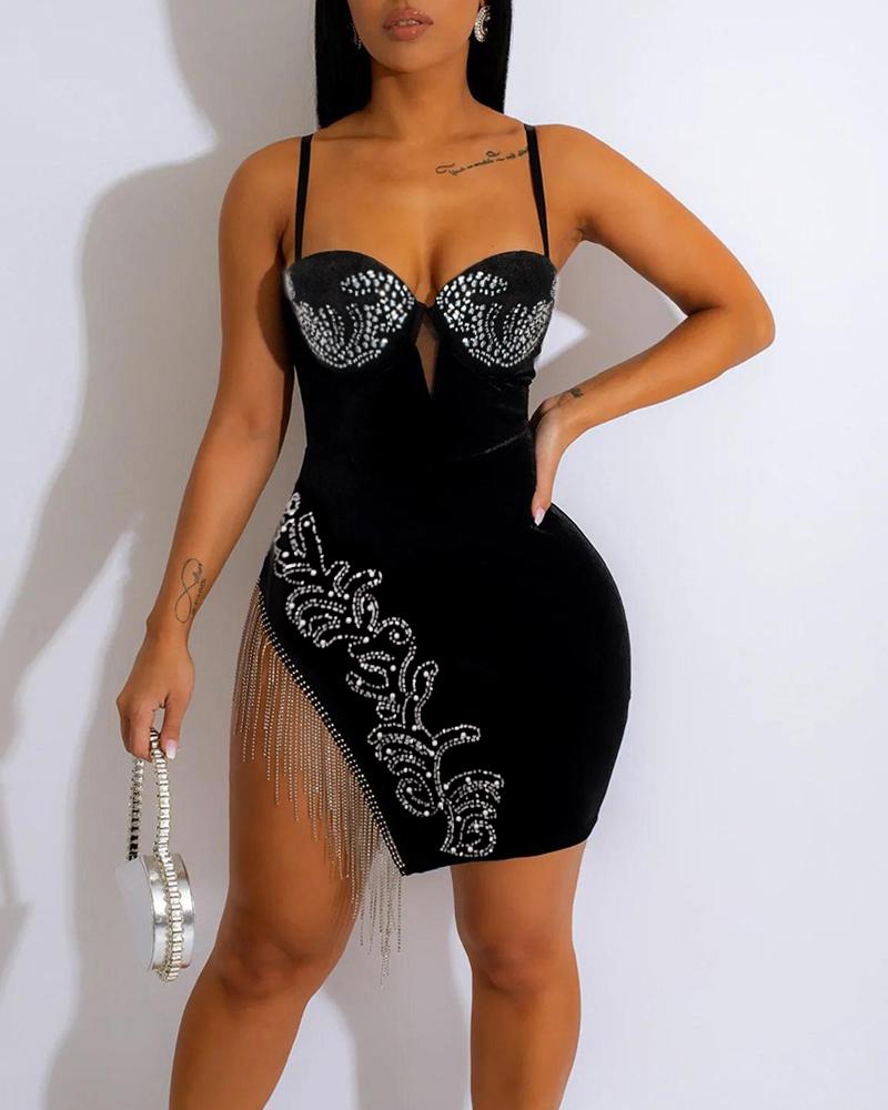 

Rhinestone Tassel Design Slit Party Dress, Black