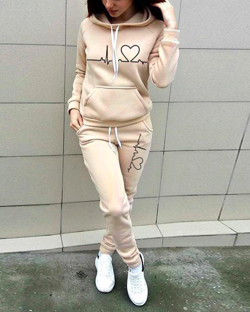 

Heart Print Drawstring Hoodie & Sweatpants Set, Apricot