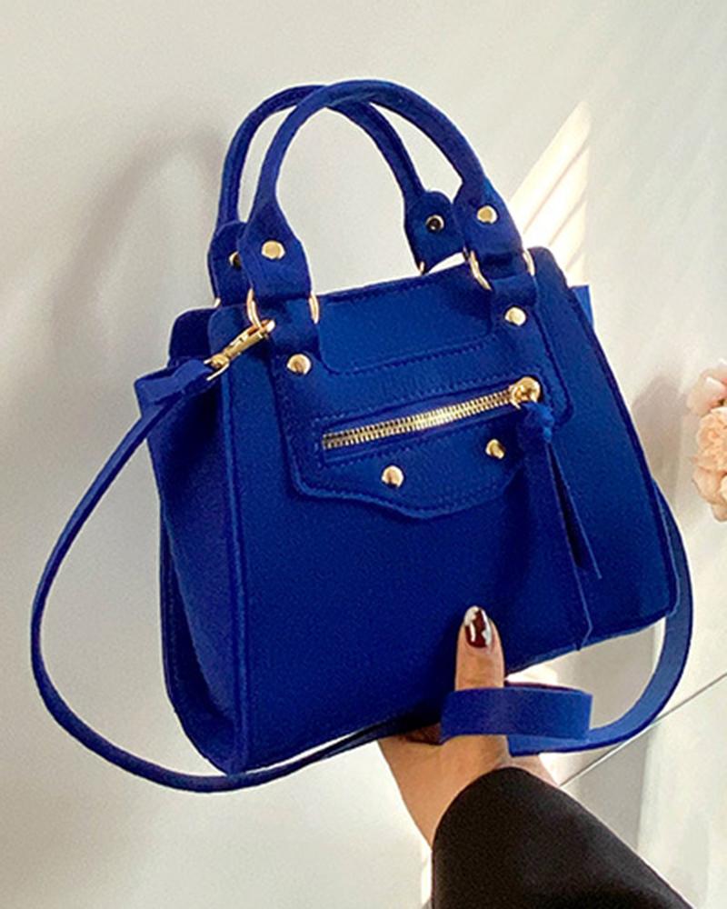 

Zipper Detail Magnet Felt Square Satchel Bag, Blue