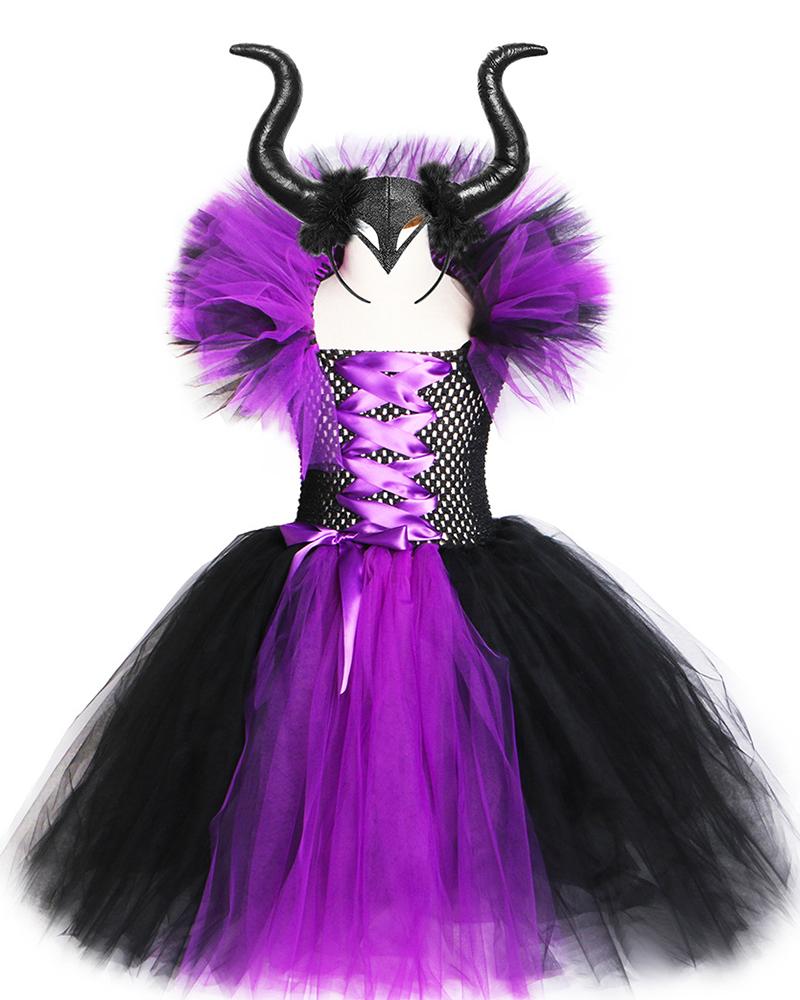 

Halloween Cosplay Magnificent Witch Black Tutu Sheer Mesh Lace-up Dress With Horn Headpiece, Purple